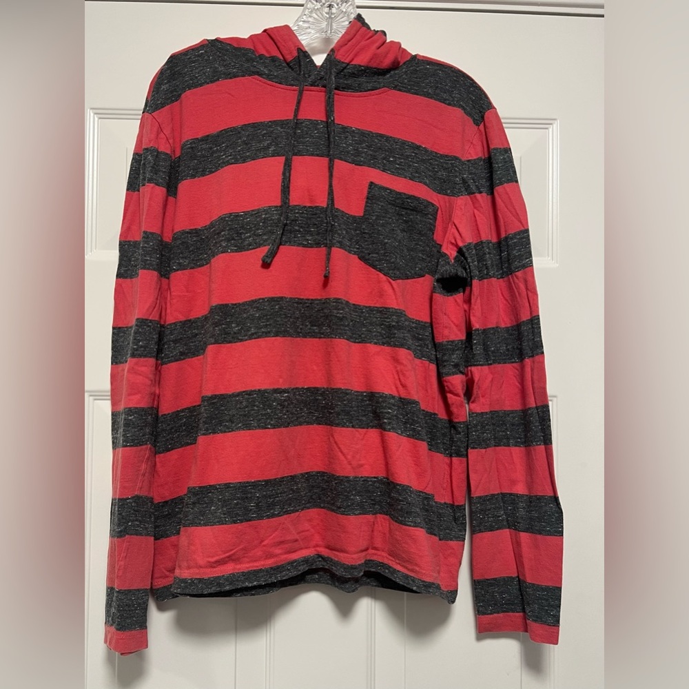 Aeropostale Salmon Pink Gray Striped Hoodie W/ Pocket Long Sleeve Shirt Size LG